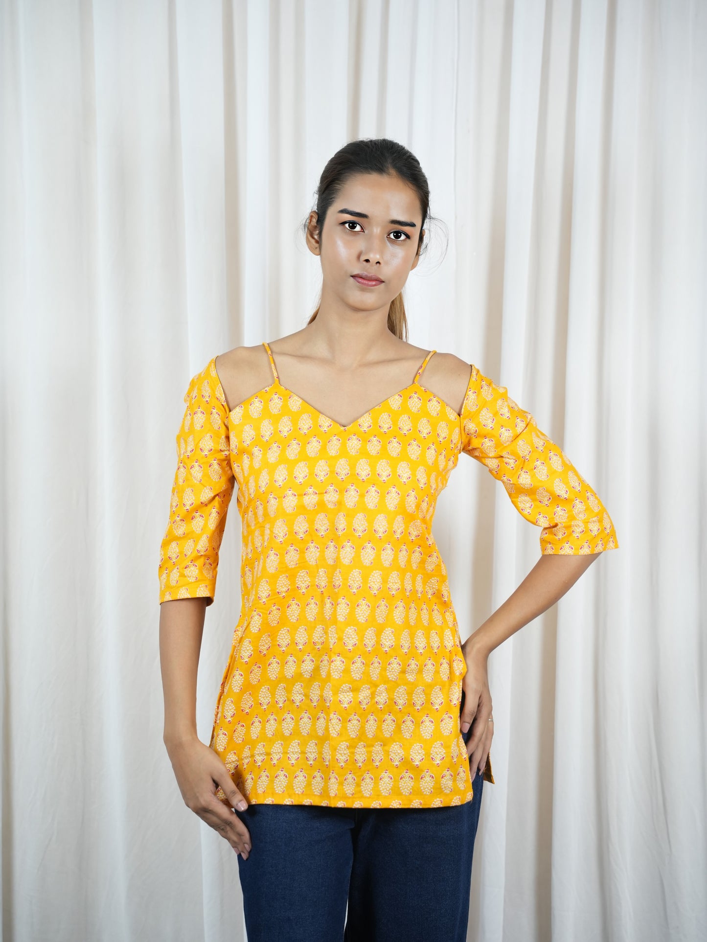 Women's Mustard Yellow Cold Shoulder Cotton Kurti with Traditional Print