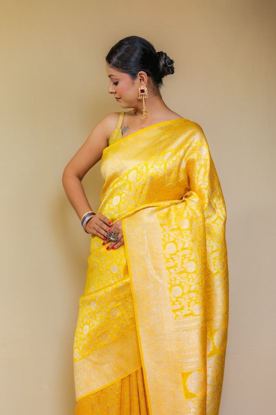 Bright Canary Yellow Banarasi Patola Italian Crepe Silk Saree with Silver Zari