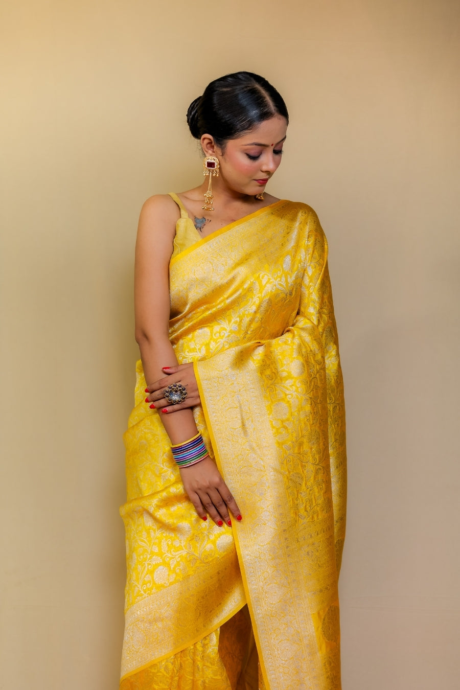 Bright Canary Yellow Banarasi Patola Italian Crepe Silk Saree with Silver Zari