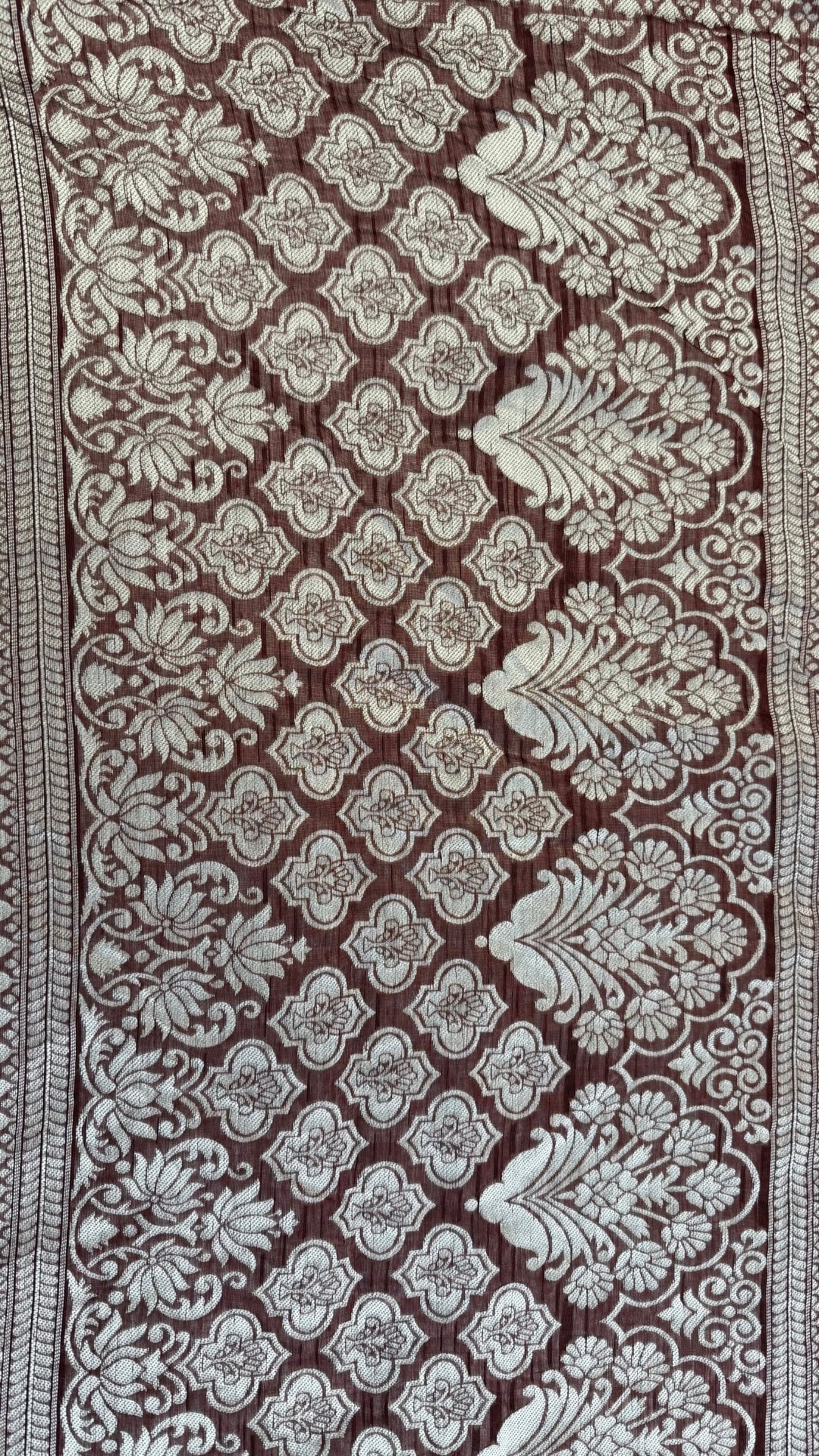 Banarashe Maroon & Cream Handloom Banarasi Cotton Saree with Tribal Body & Traditional Pallu