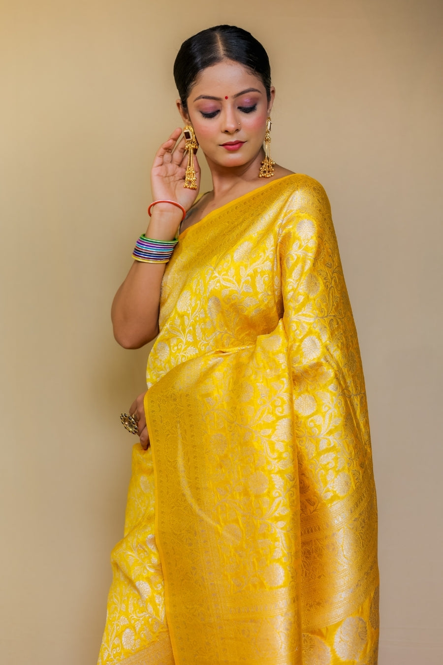 Bright Canary Yellow Banarasi Patola Italian Crepe Silk Saree with Silver Zari