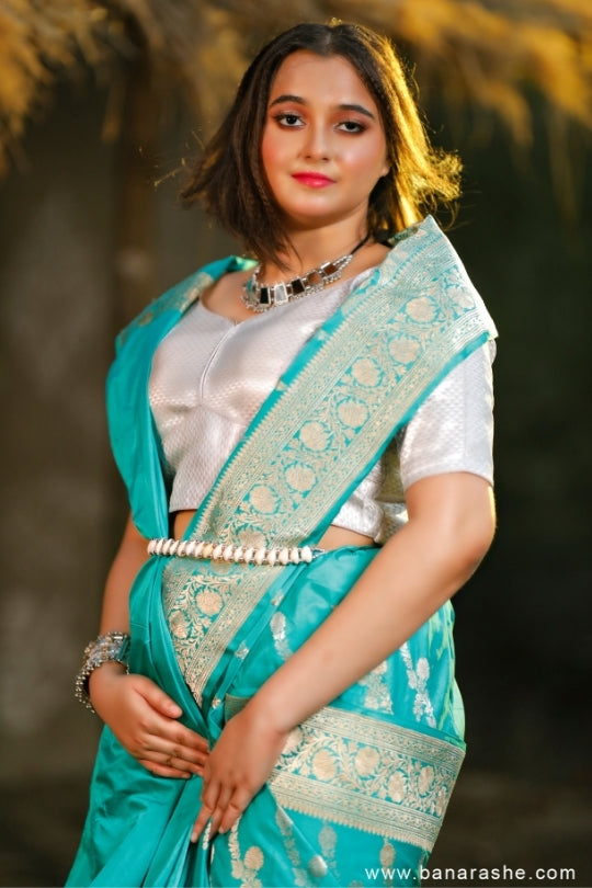 Turquoise Green with Zari Art Handloom Katan Pure Silk Saree