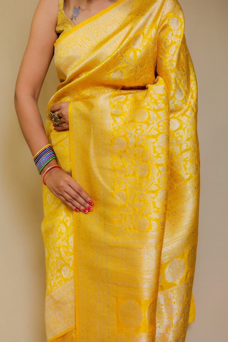 Bright Canary Yellow Banarasi Patola Italian Crepe Silk Saree with Silver Zari