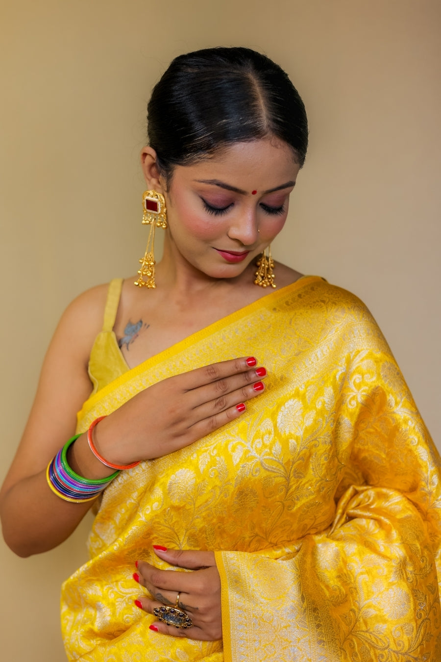 Bright Canary Yellow Banarasi Patola Italian Crepe Silk Saree with Silver Zari