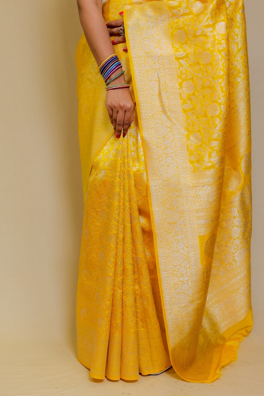 Bright Canary Yellow Banarasi Patola Italian Crepe Silk Saree with Silver Zari
