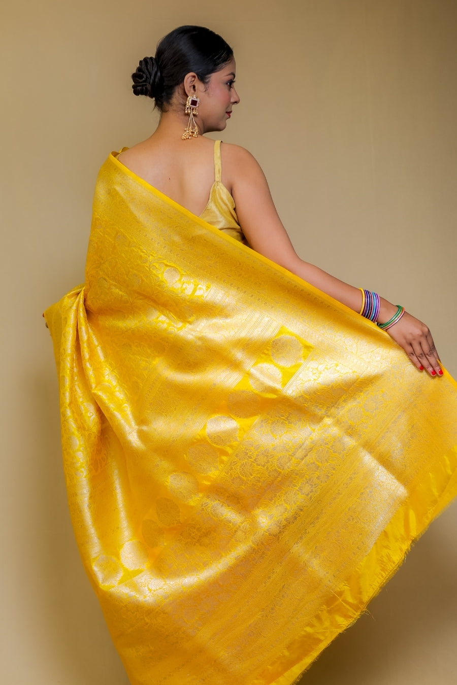 Bright Canary Yellow Banarasi Patola Italian Crepe Silk Saree with Silver Zari
