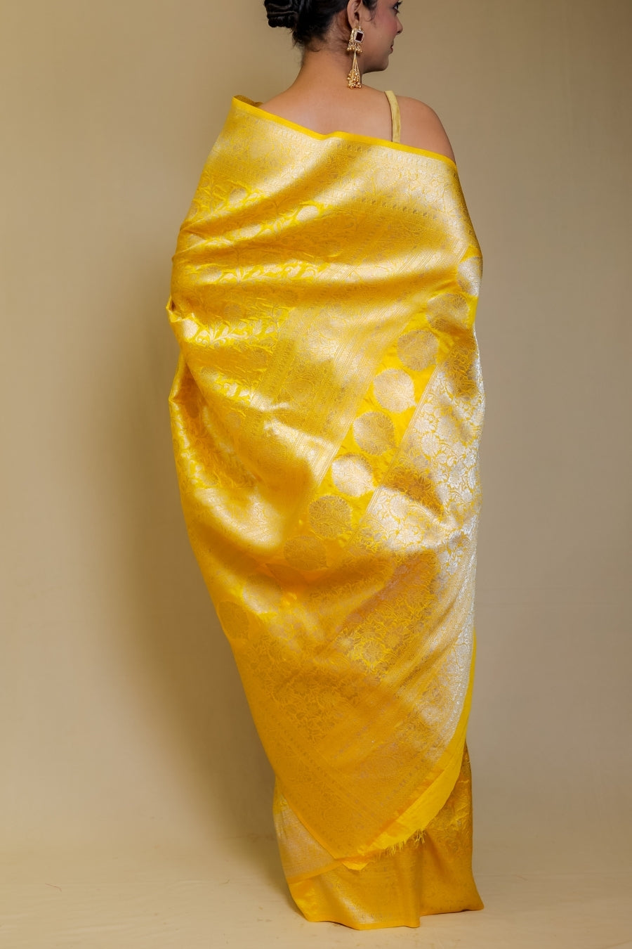 Bright Canary Yellow Banarasi Patola Italian Crepe Silk Saree with Silver Zari