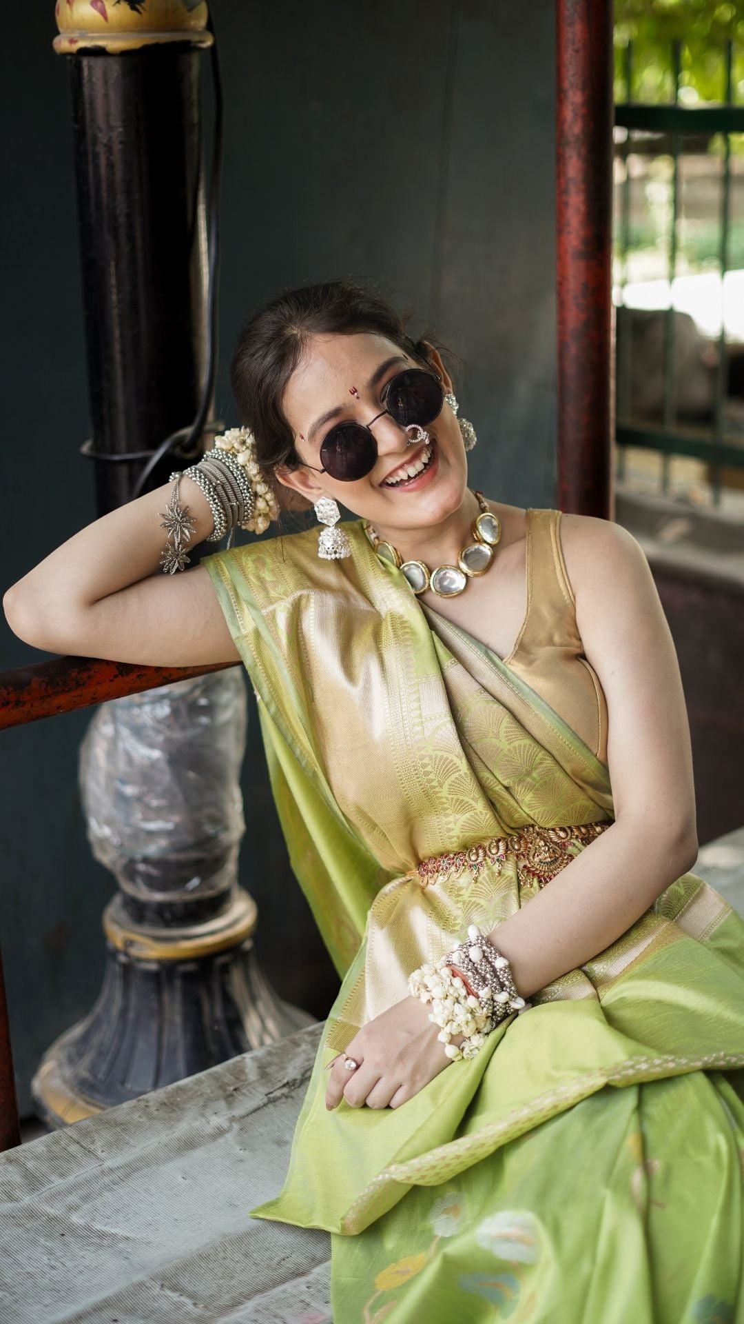 Mercerised Cotton Fancy Alfi Saree – Emerald Green with Meenakari Zari Border