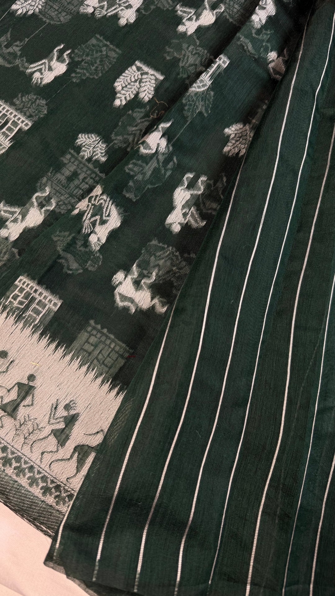 Banarashe greenn & Cream Handloom Banarasi Cotton Saree with Tribal Motifs