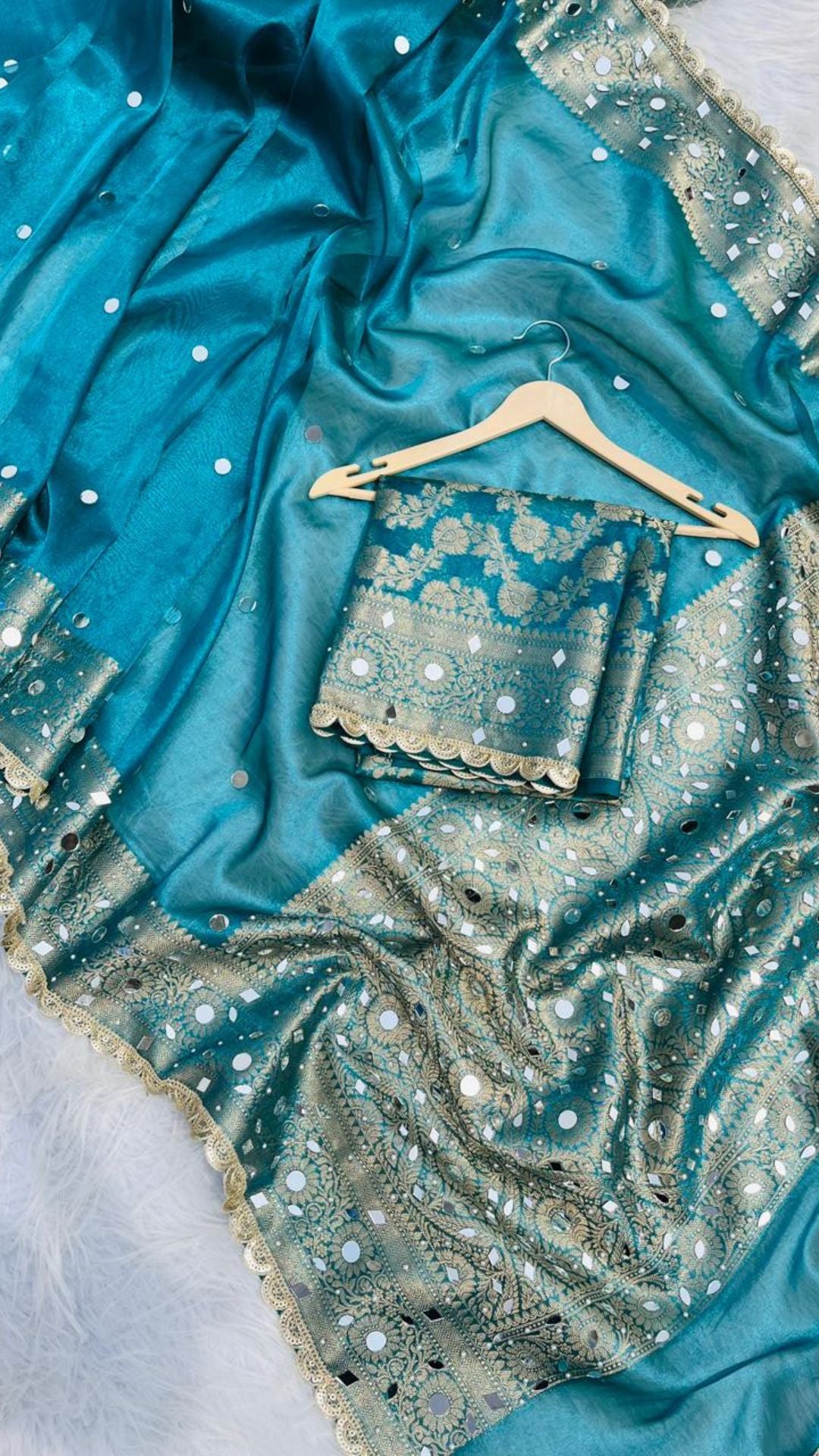 Royal Blue Tissue Saree with Heavy Mirror Work