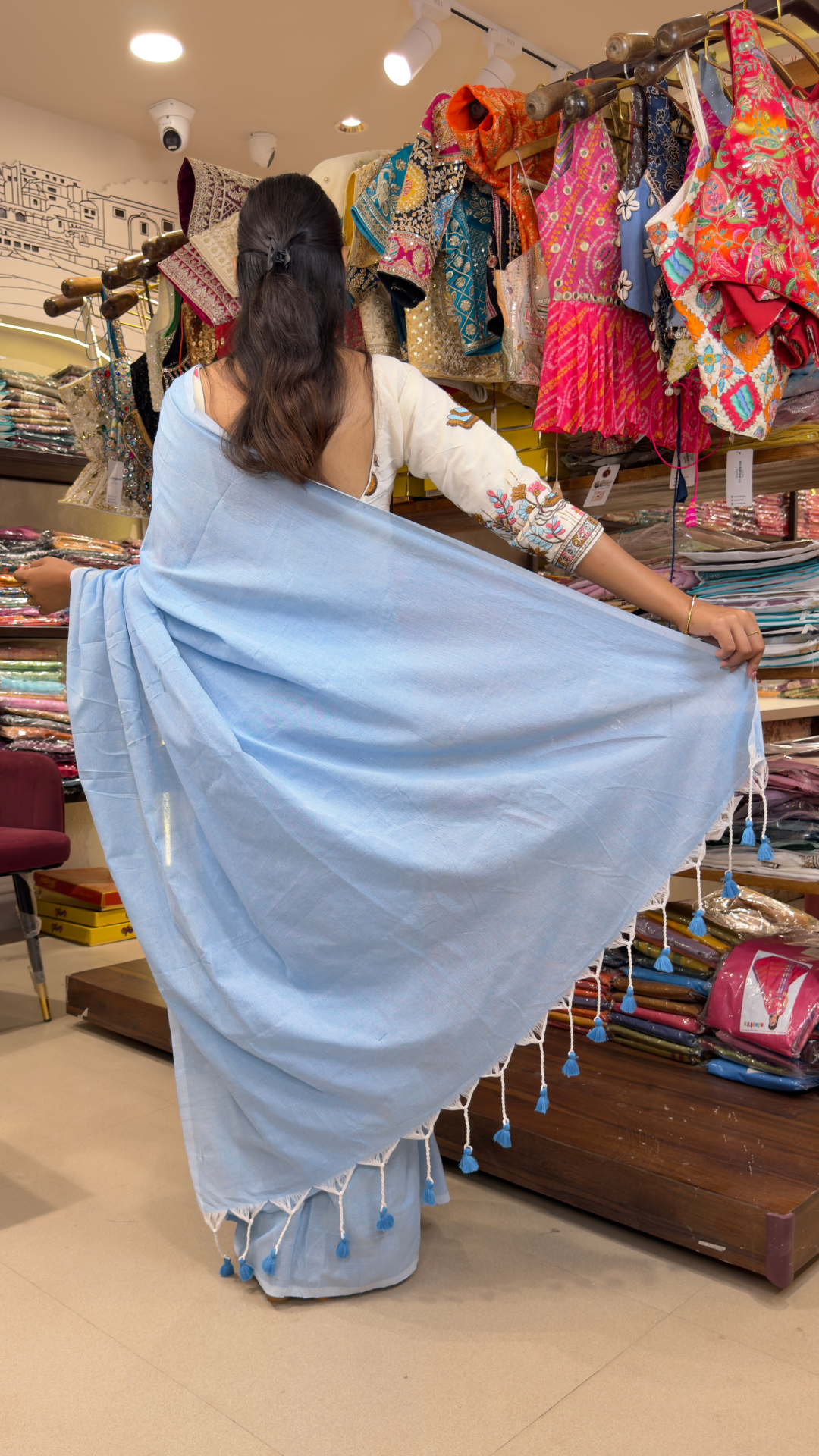 Women’s Sky Blue Solid Saree with Embroidered Stiched Blouse