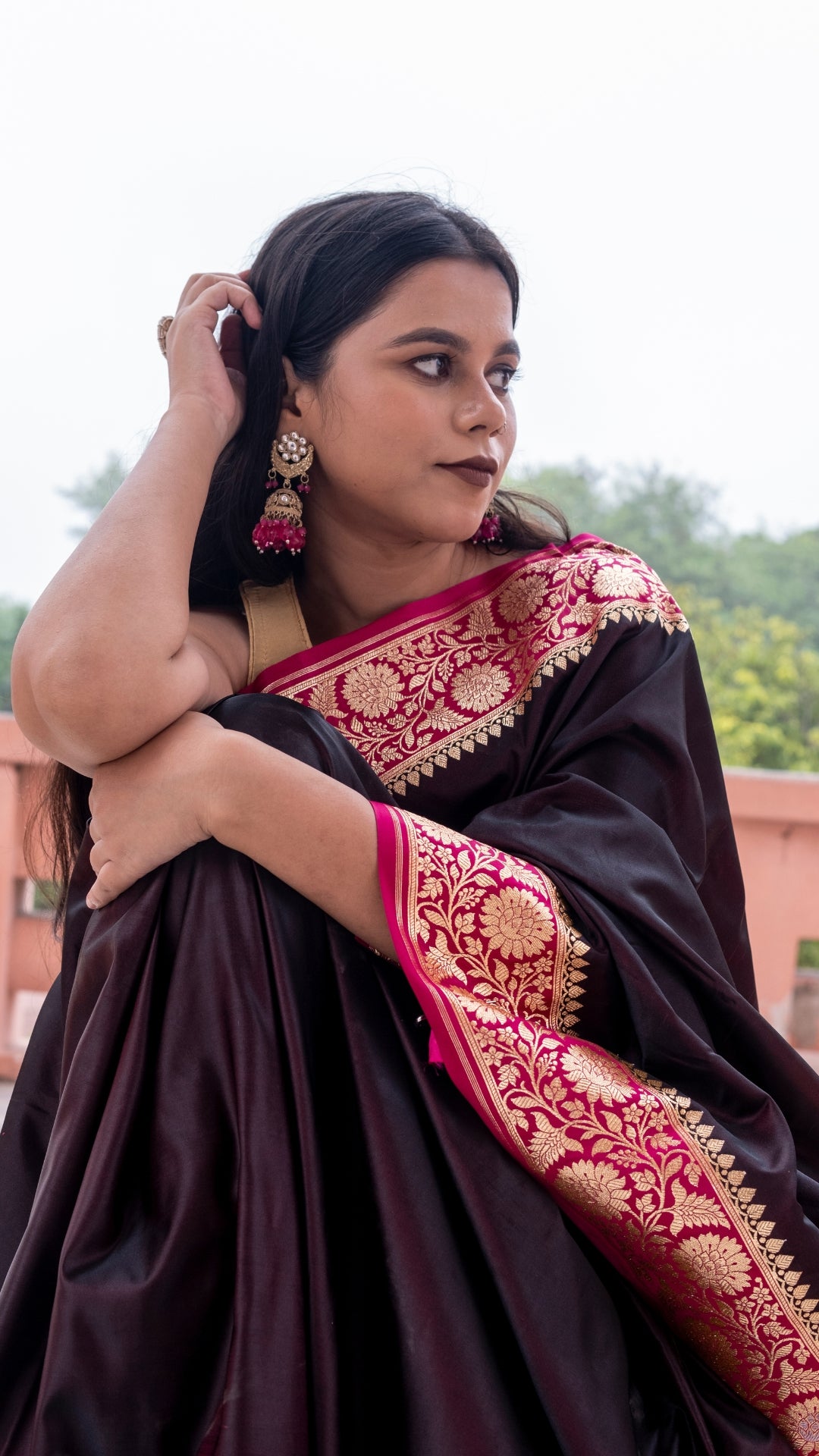 Wine with Pink Border Katan Mashru Silk Saree