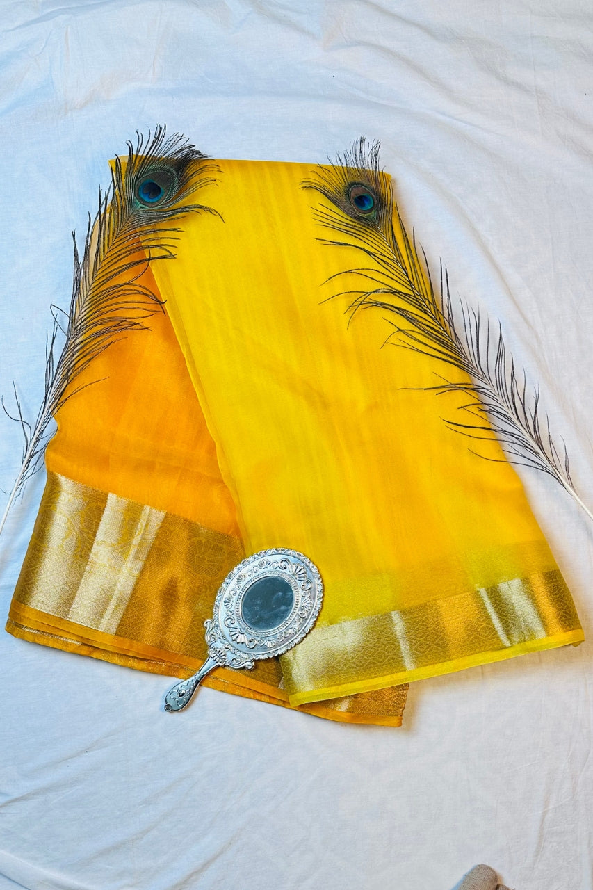 Sunshine Yellow Organza Silk Saree with Elegant Matte Gold Zari Border