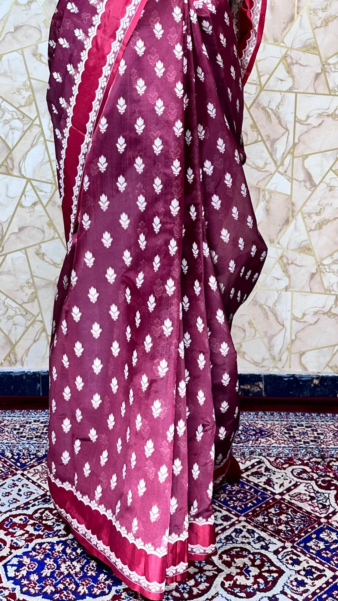 Elegant Maroon Georgette Saree with White Boota Work