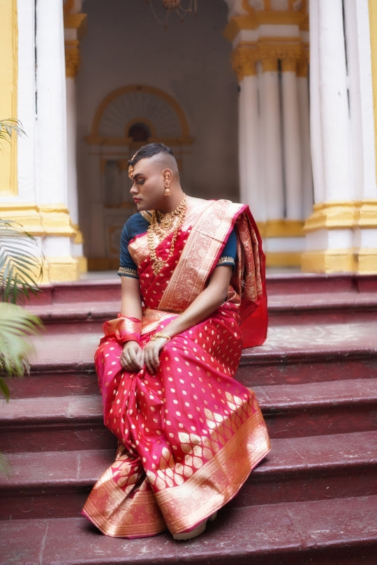 Red with Golden Dual Zari Pure Katan Silk Banarasi Saree