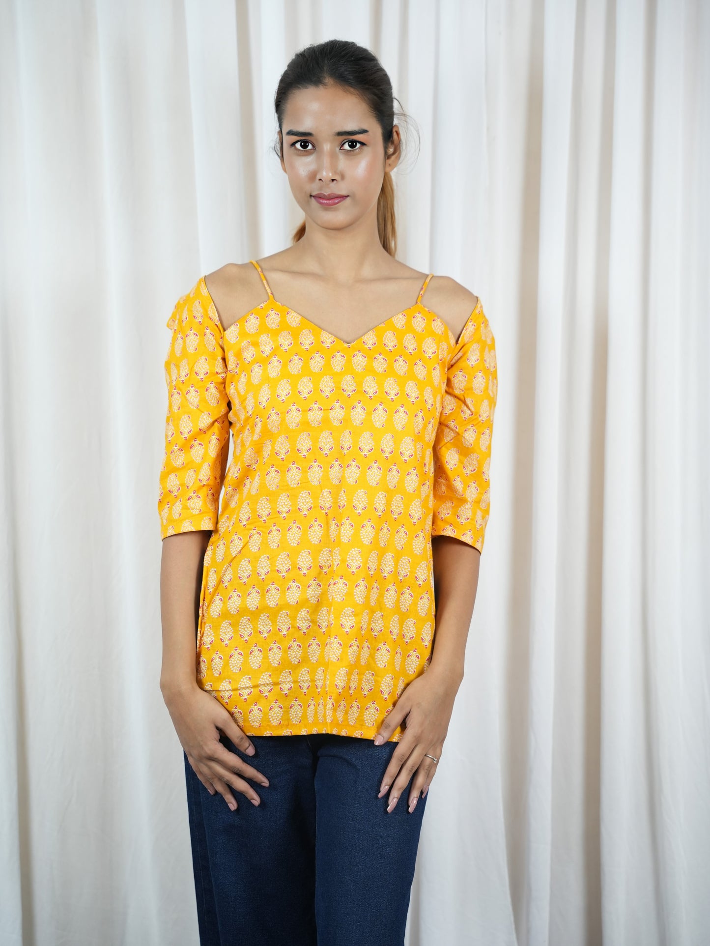 Women's Mustard Yellow Cold Shoulder Cotton Kurti with Traditional Print