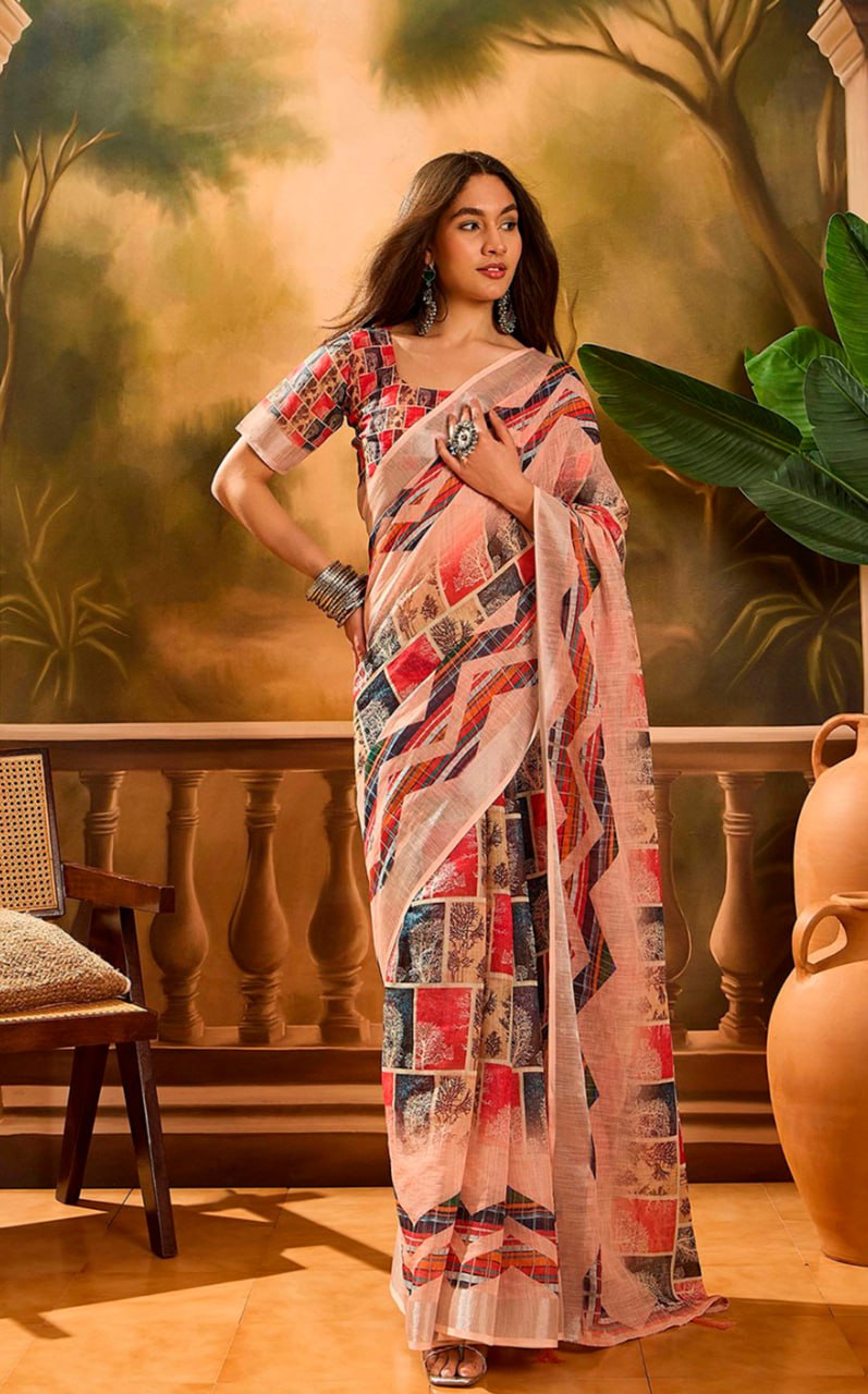 Pink Multicolor Check Linen Cotton Saree