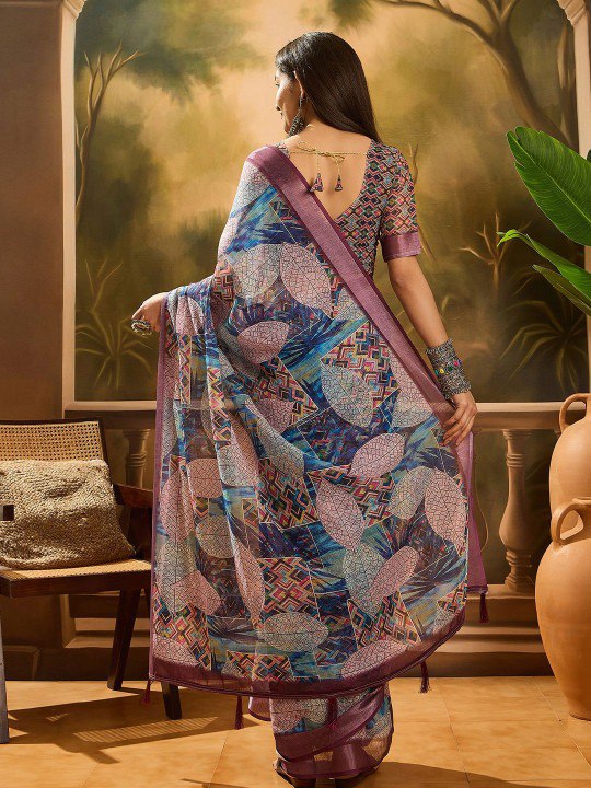 Beige Abstract Wave Linen Cotton Saree