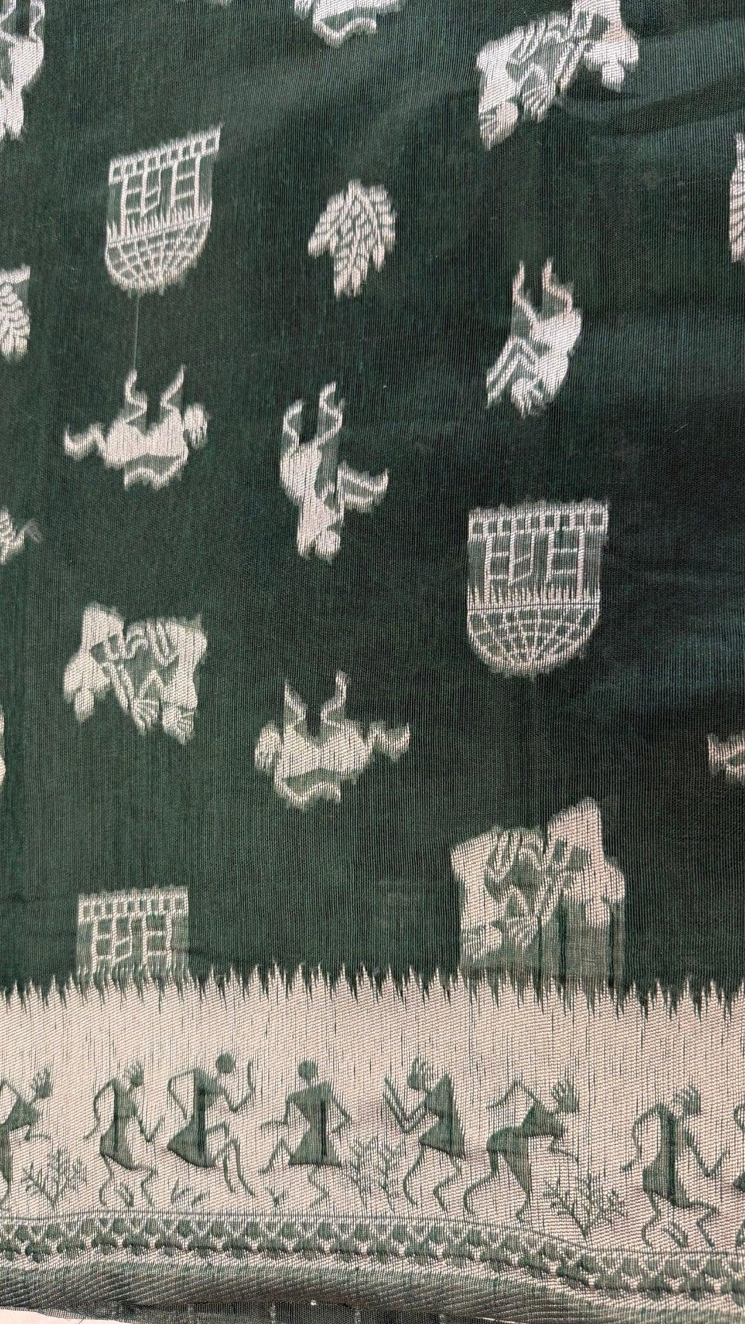 Banarashe greenn & Cream Handloom Banarasi Cotton Saree with Tribal Motifs - Baranashe - Banarashe greenn & Cream Handloom Banarasi Cotton Saree with Tribal Motifs