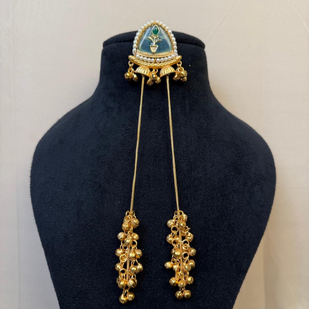 Gold Plated Kashmiri Jhumka Earrings with Blue Stone Stud & Pearl Border