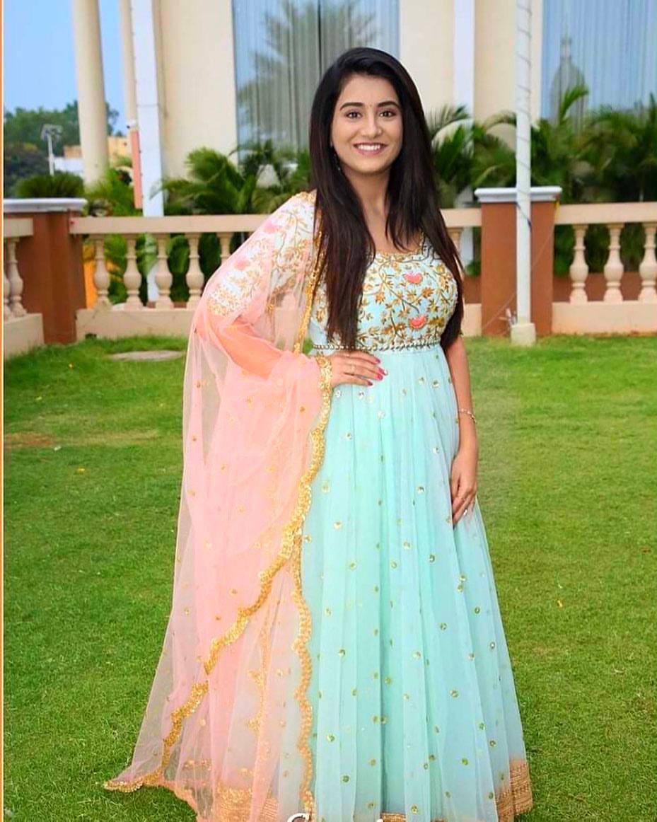 Sky Blue Embroidered Anarkali Gown with Peach Dupatta