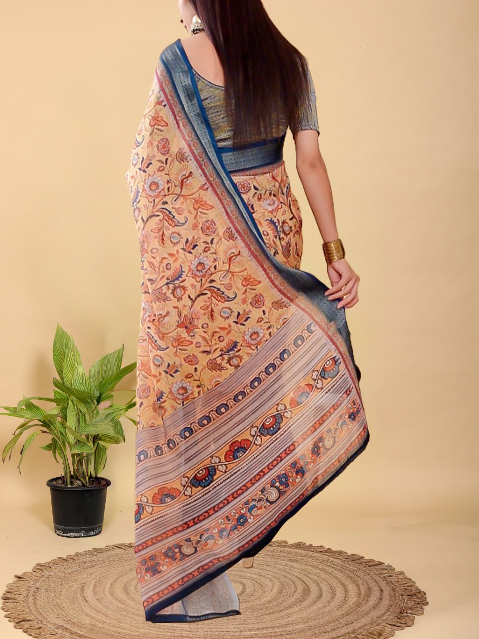 Artistic Mustard & Blue Floral Linen Saree