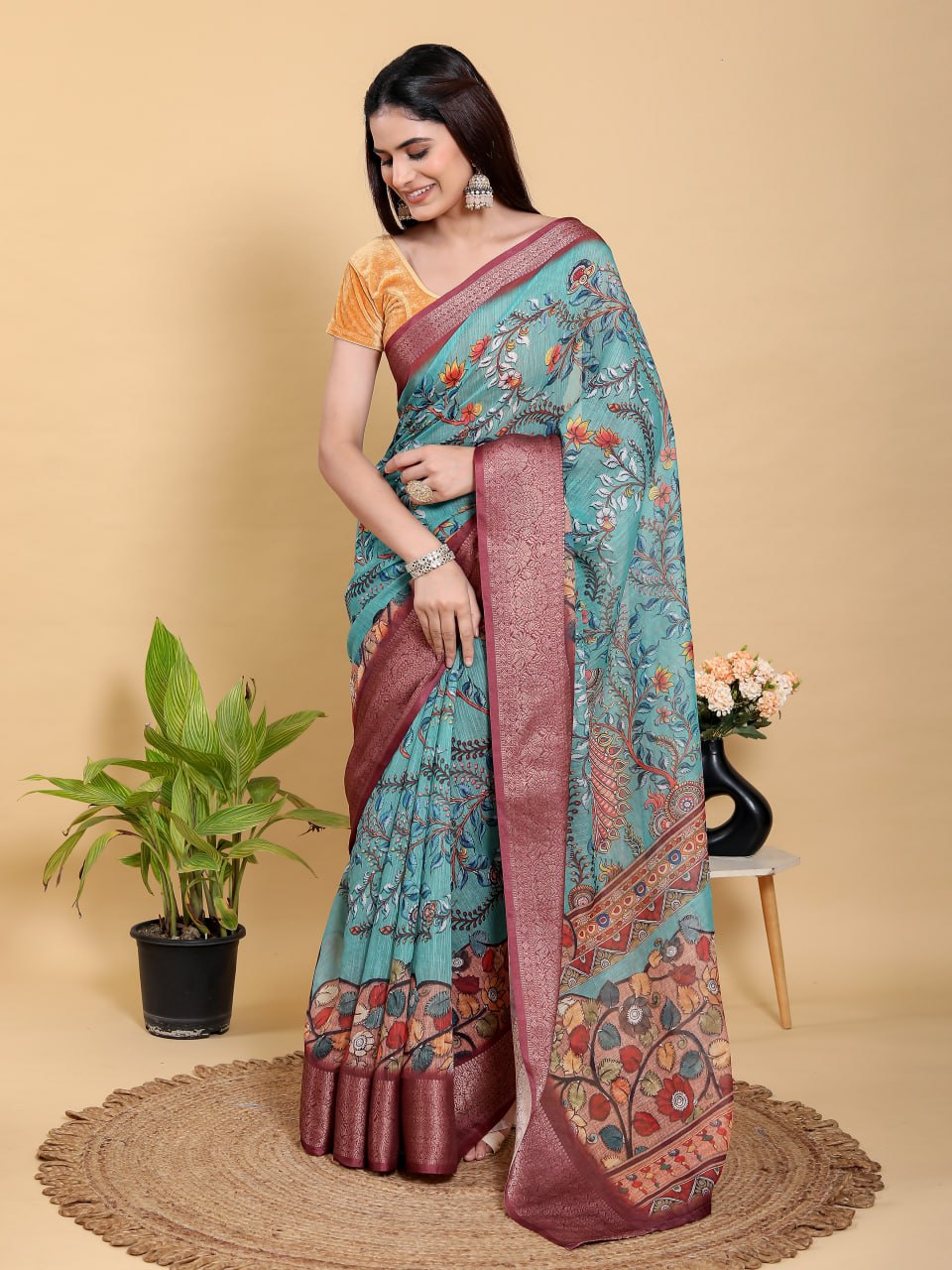 Aqua Teal Peacock Print Linen Cotton Saree