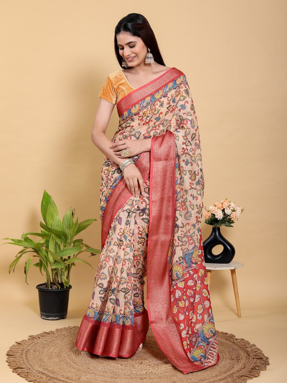Artistic Kalamkari Print Linen Cotton Saree with Zari Border
