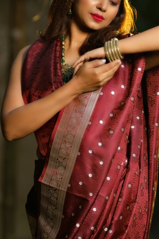 Maroon with Booti Work Zari Art Handloom Katan Pure Silk Saree