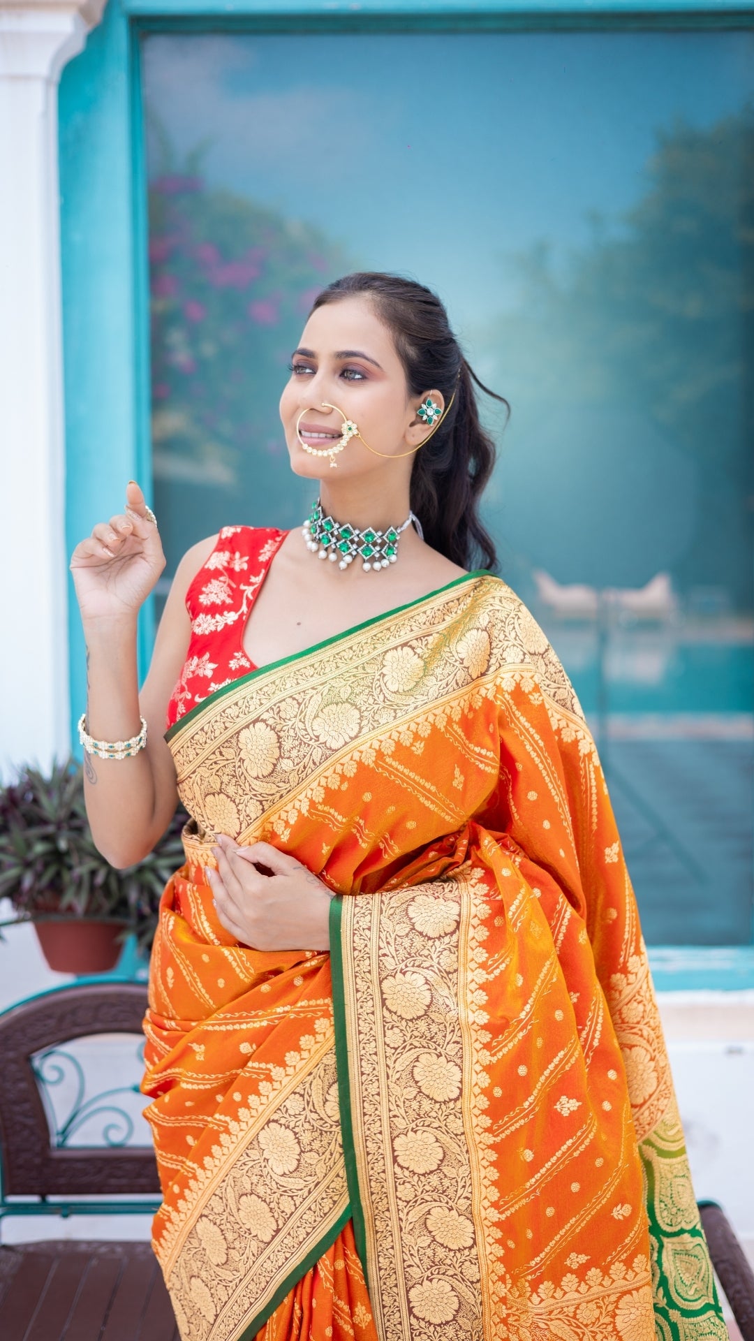 Haldi Noor Banarasi Silk Saree in Saffron Orange & Parrot Green with Gold Zari