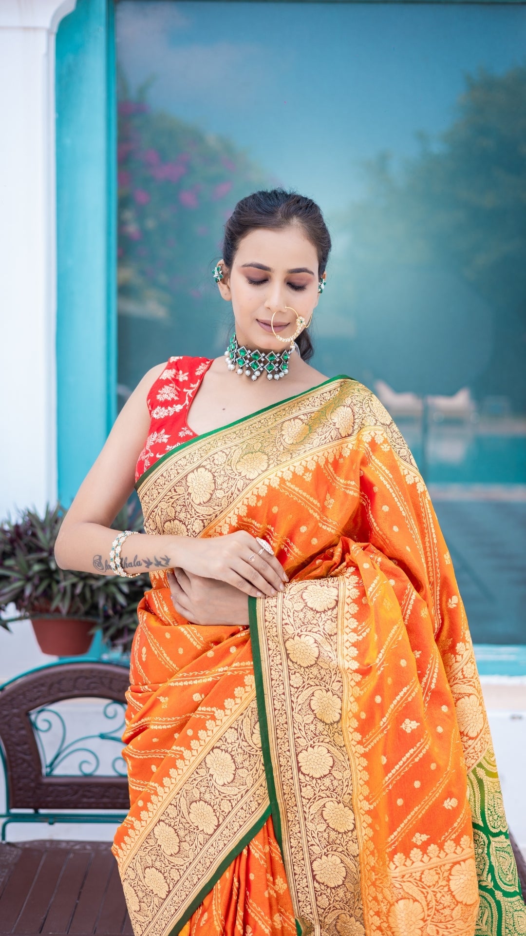 Haldi Noor Banarasi Silk Saree in Saffron Orange & Parrot Green with Gold Zari