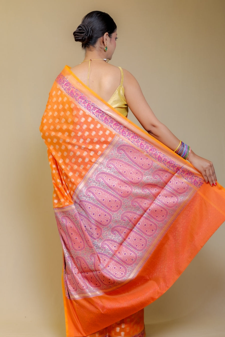 Radiant Orange Banarasi Italian Crepe Chinon Silk Saree with Paithani Style Pallu