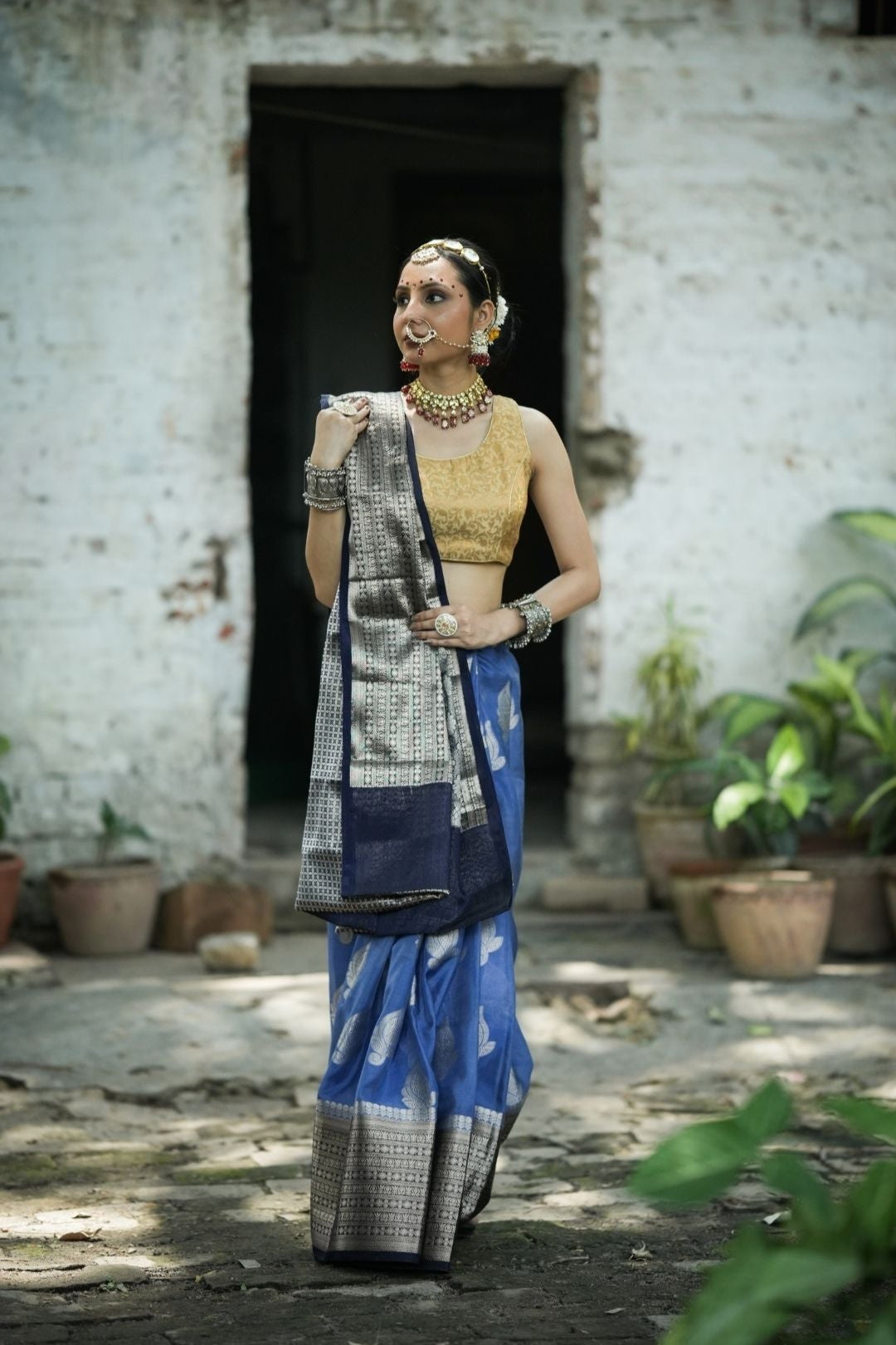 Georgette Dyble Fabric Saree – Royal Blue with Silver Zari Scuet Border