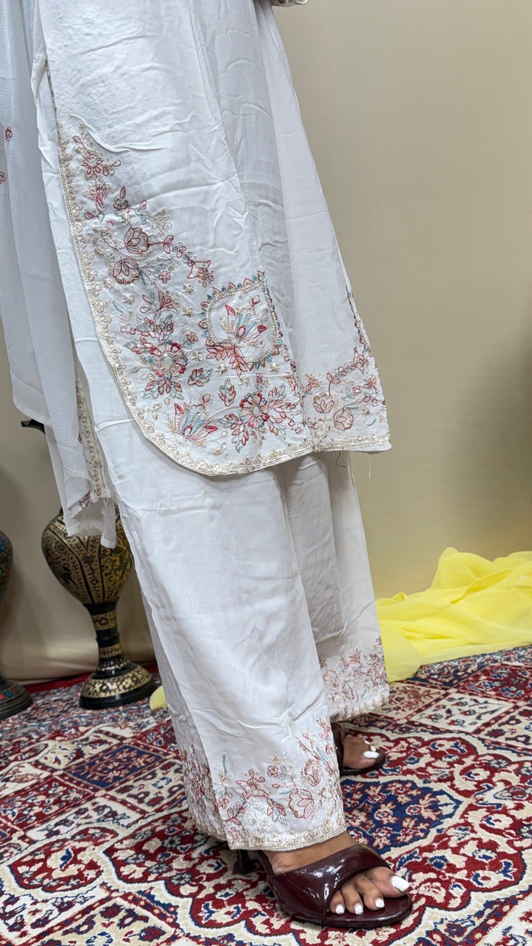 Women’s White Cotton Embroidered 3 Piece Kurta Pant Dupatta Set