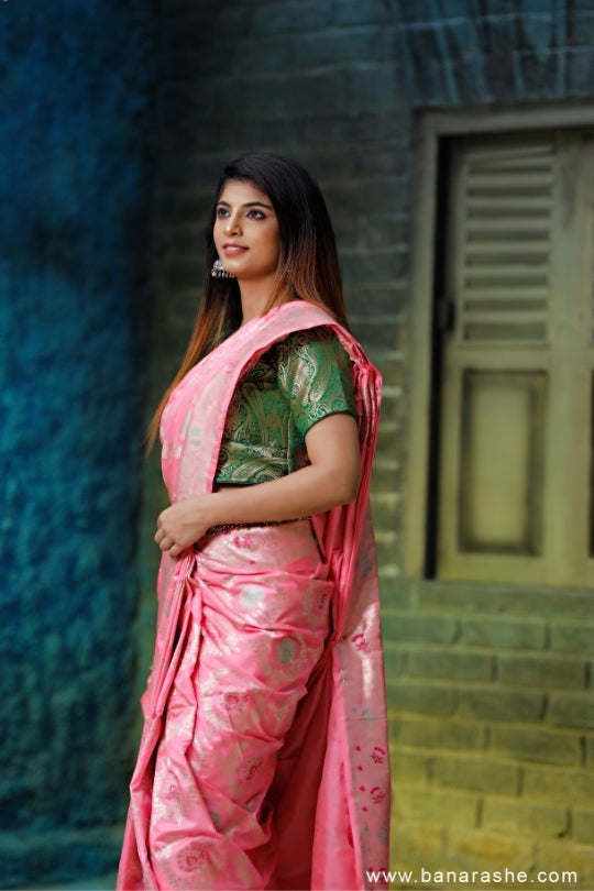 Baby Pink Handloom Katan Pure Silk Saree