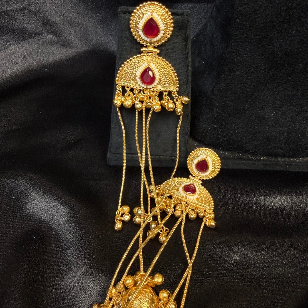 Gold Tone Kashmiri Chandbali Jhumka Earrings with Red Teardrop Stone & Pearl Border