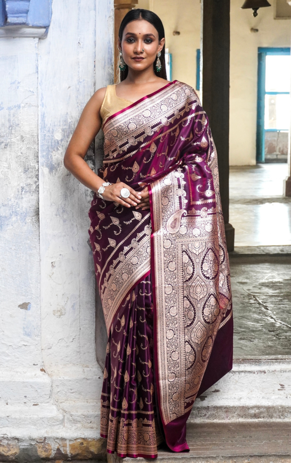 Mulberry Wine Banarasi Silk Saree with Antique Zari Work