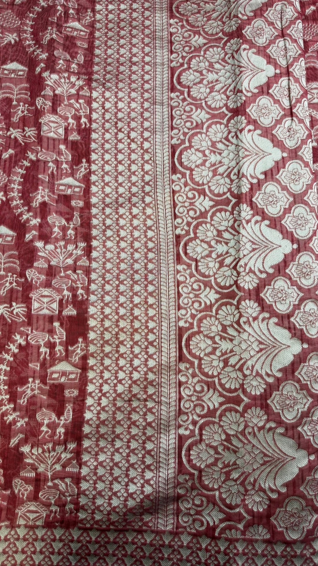 Banarashe Pure Georgette Banarasi Saree in Maroon with Village Scene Weave