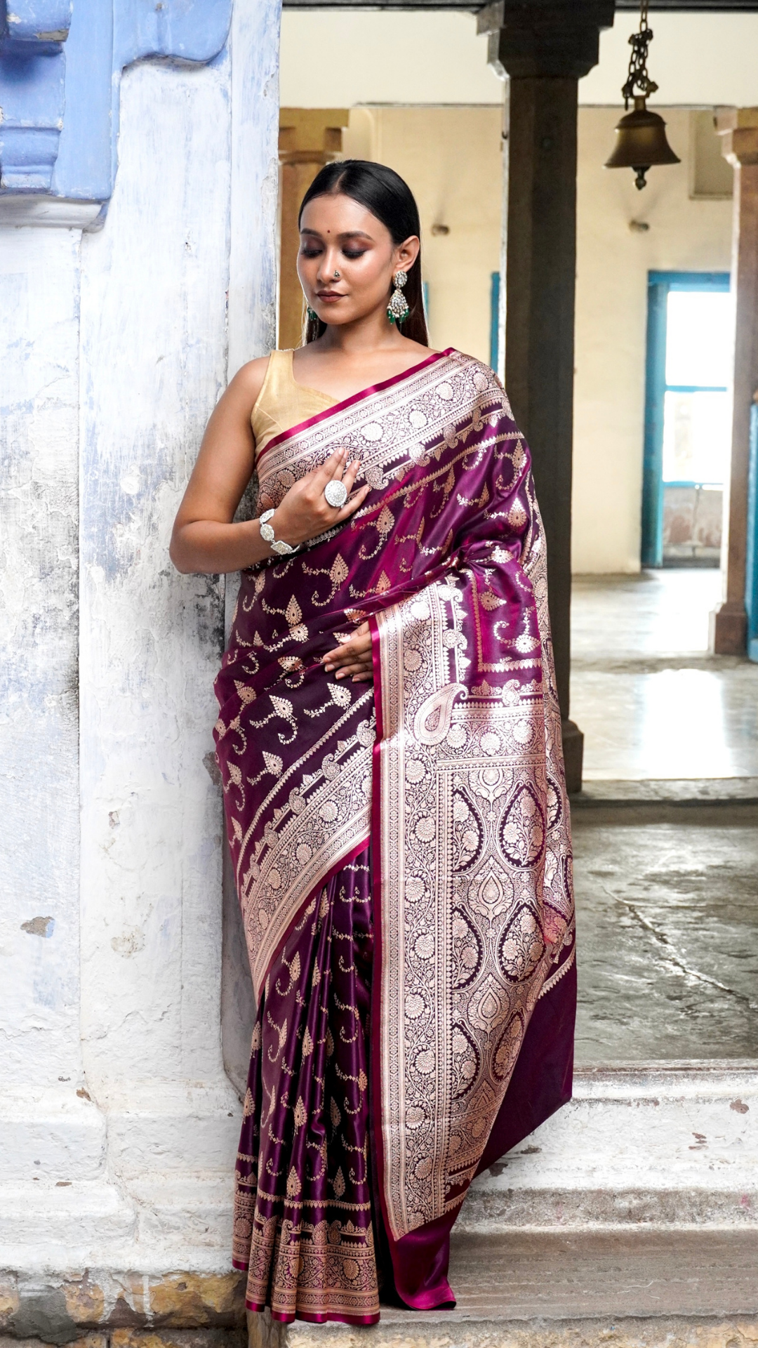 Mulberry Wine Banarasi Silk Saree with Antique Zari Work