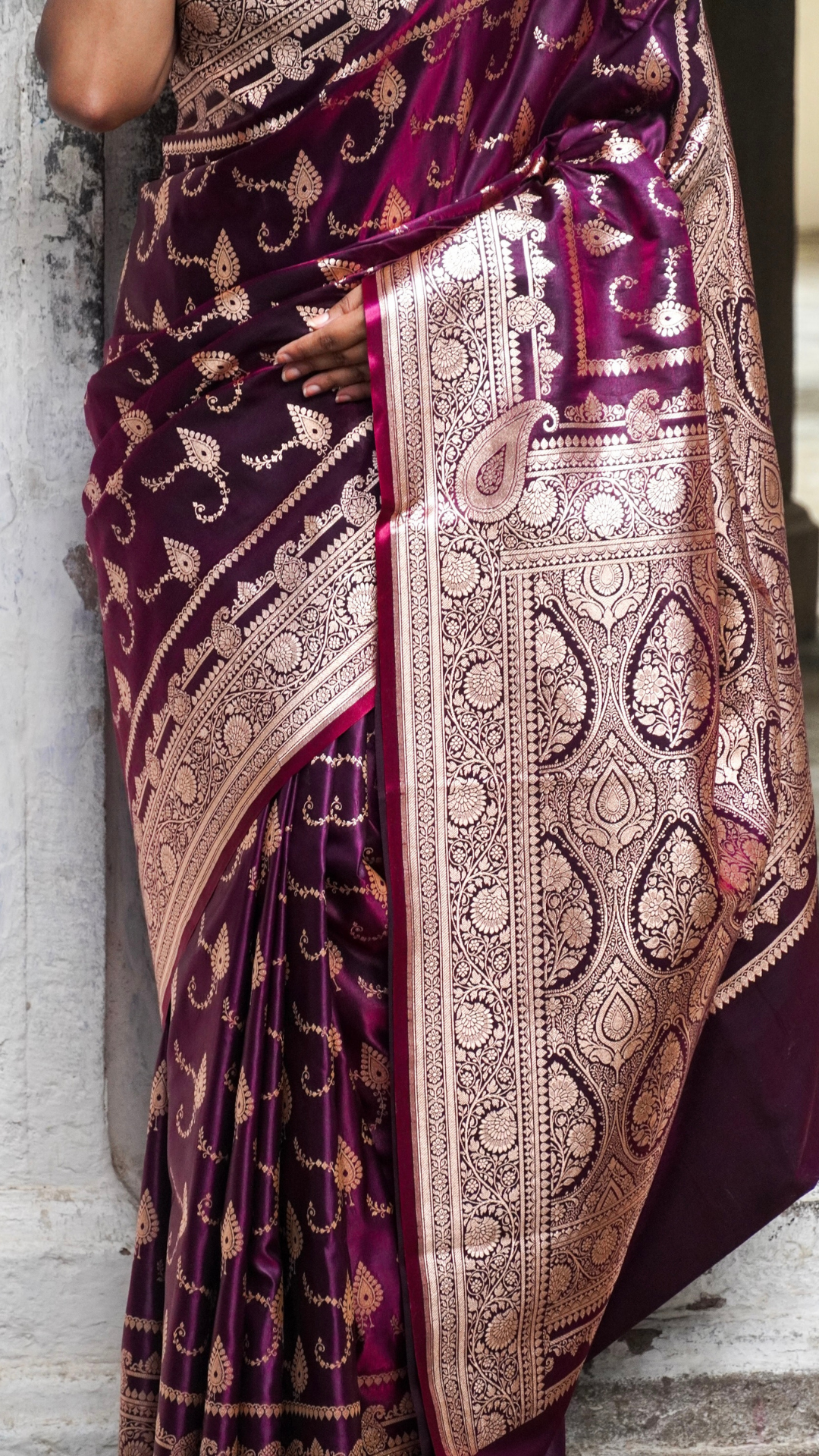 Mulberry Wine Banarasi Silk Saree with Antique Zari Work
