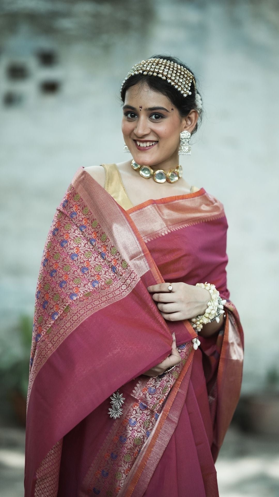 Cotton Jamdani Plain Saree – Rani Pink with Multicolor Meenakari Pallu