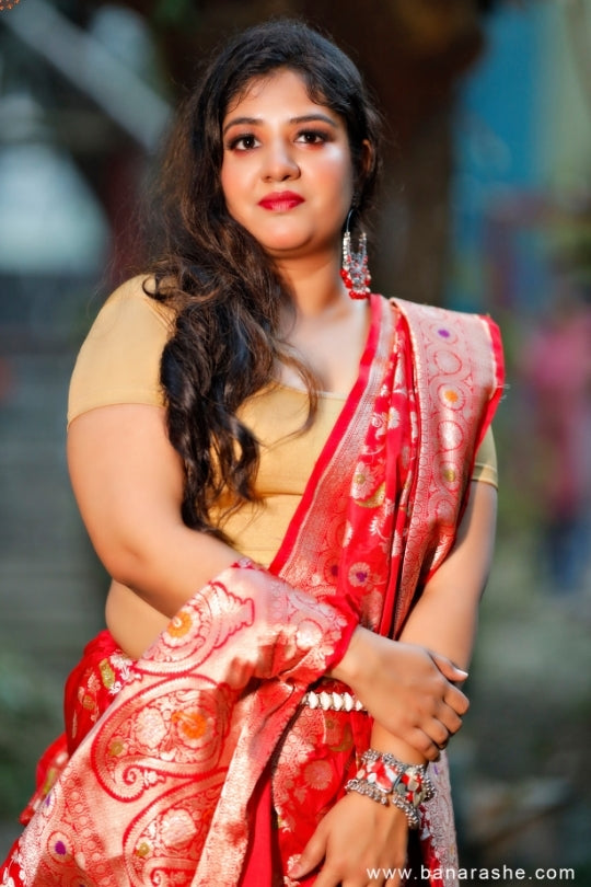 Red with Jaal Work Handloom Katan Pure Silk Saree