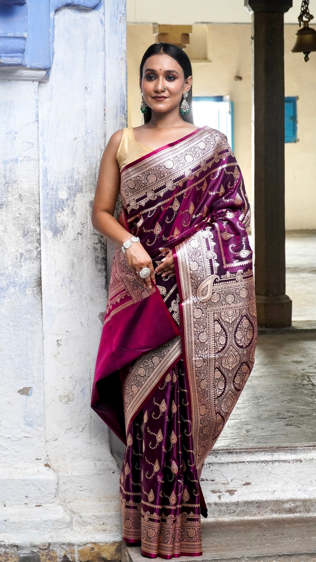 Mulberry Wine Banarasi Silk Saree with Antique Zari Work