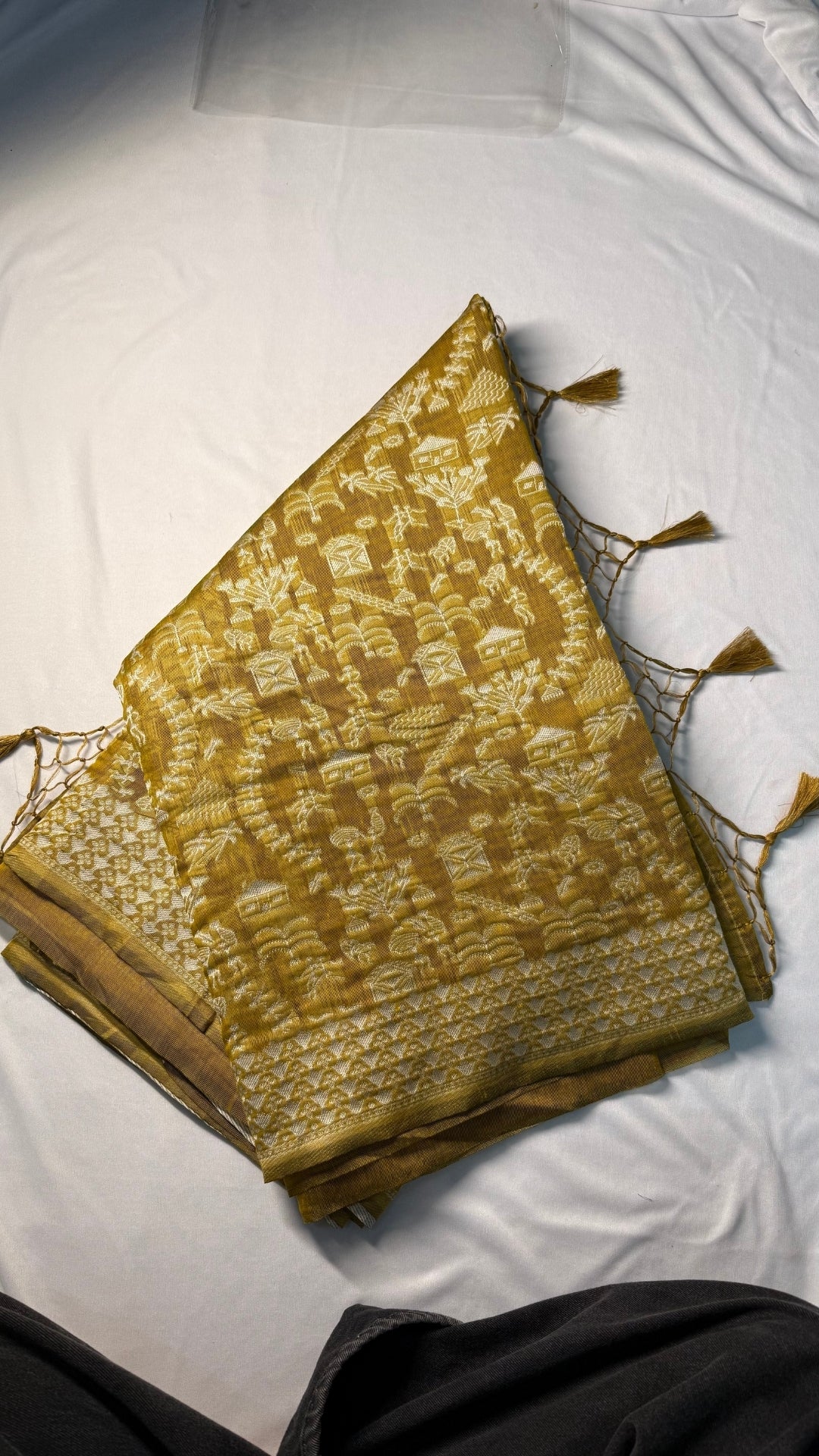 Banarashe Olive Green & Cream Banarasi georgetteSaree with Gota village scens Motifs