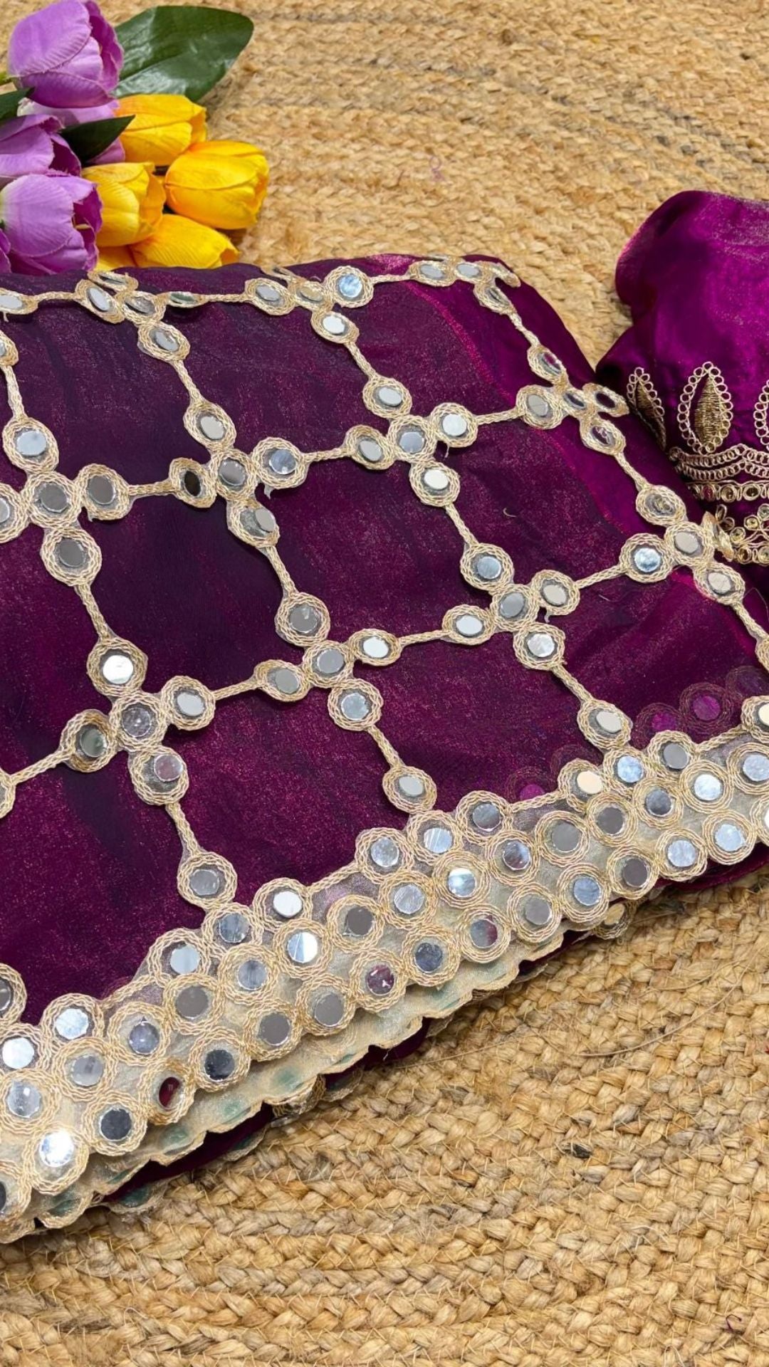Royal Purple Mirror Work Satin Silk Saree with Designer Blouse