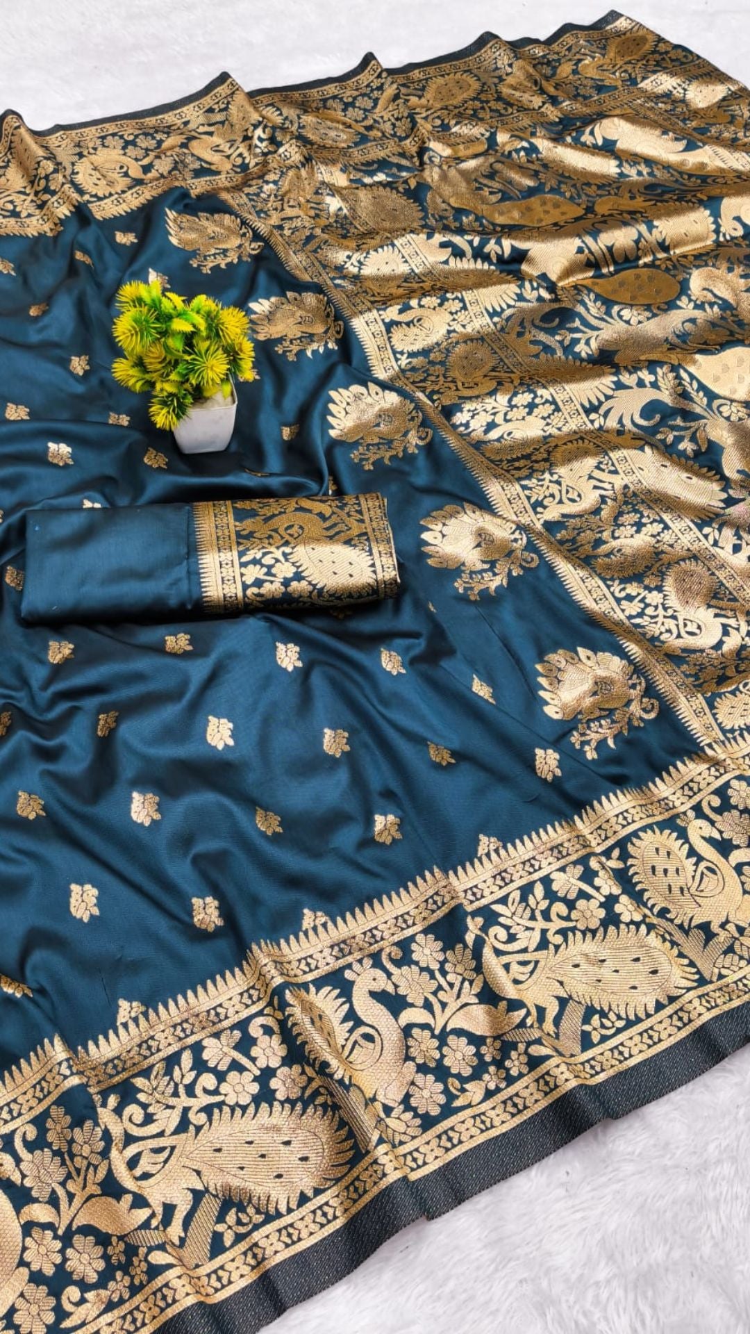 Teal Blue Soft Banarasi Silk Saree with Antique Gold Peacock Zari