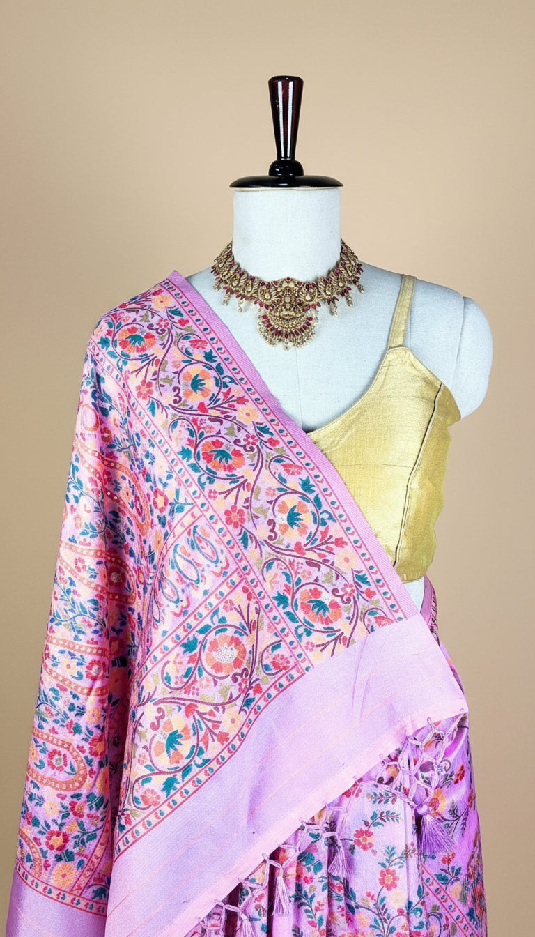 Exquisite Pink Floral Digital Print Saree with Gold Woven Border
