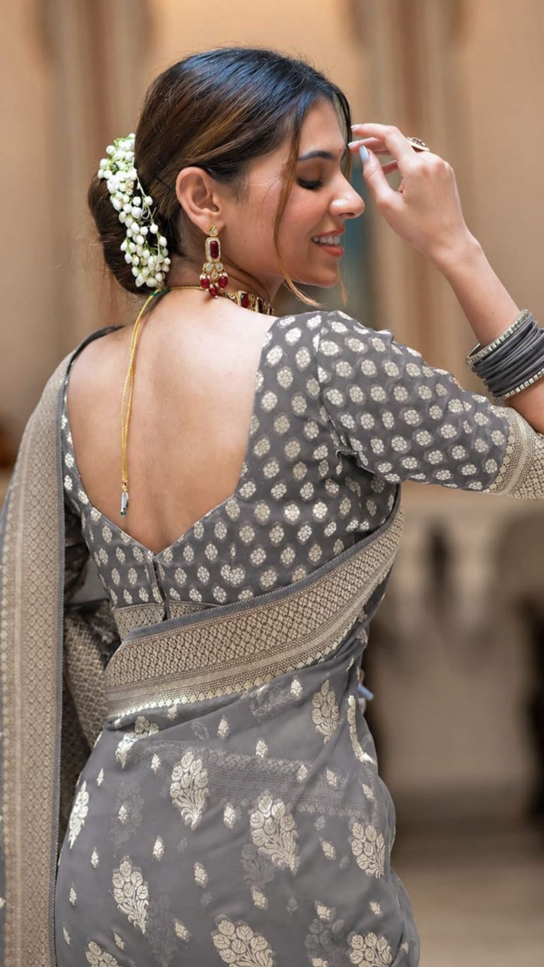 Elegant Grey Banarasi Georgette Silk Saree with Zari Work