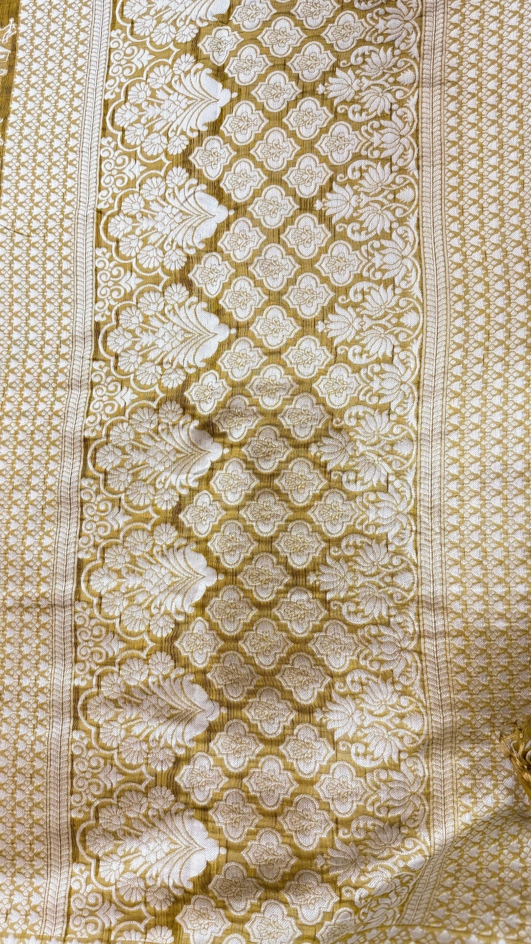 Banarashe Olive Green & Cream Banarasi georgetteSaree with Gota village scens Motifs