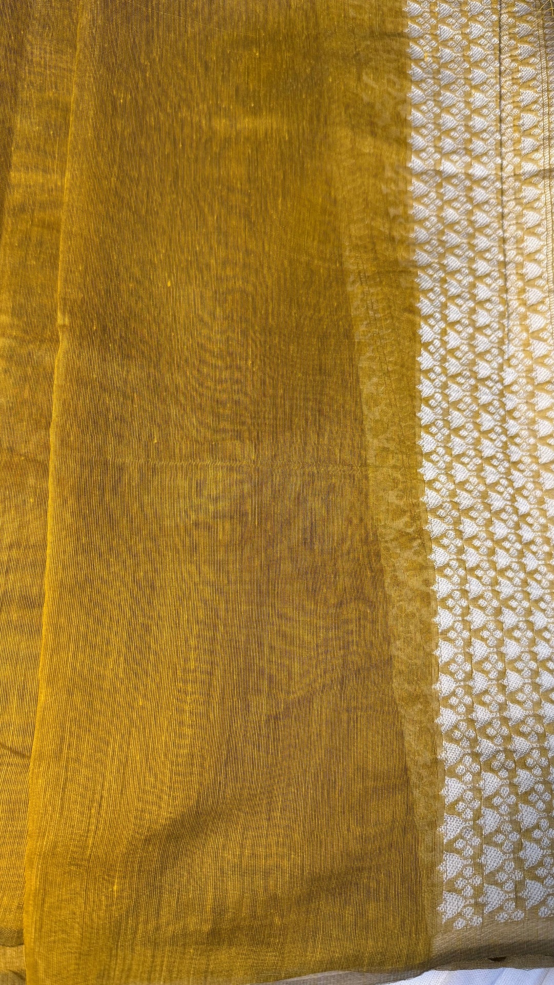 Banarashe Olive Green & Cream Banarasi georgetteSaree with Gota village scens Motifs